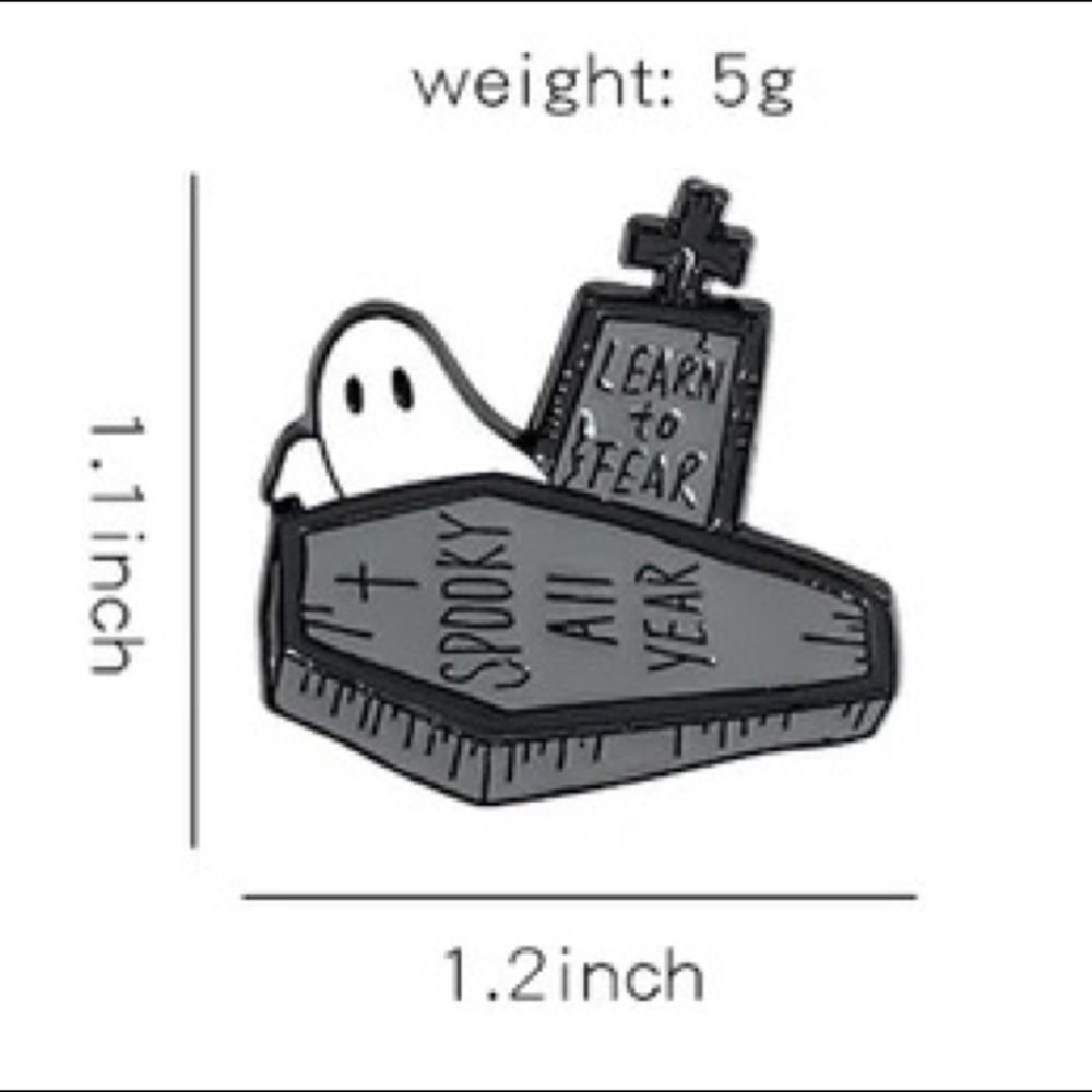 Goth Coffin Grave Ghost “Learn To Fear Spooky All Year” Metal Enamel Pin Brooch - Picture 2 of 8